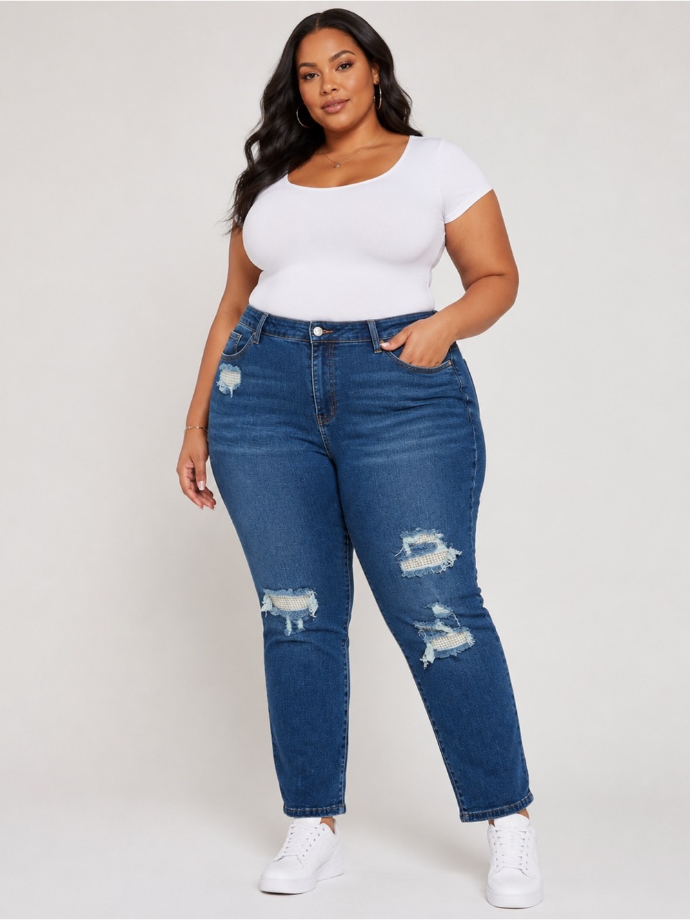 Judy Blue Boyfriend Thermal Patch Jeans 16W Blue Denim Distressed Stretch